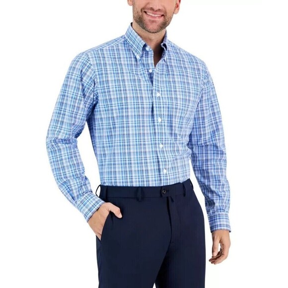 Club Room Men's Dress Shirt Button Down Peter Plaid Cotton Navy Blue 17  34-35 - Picture 1 of 6